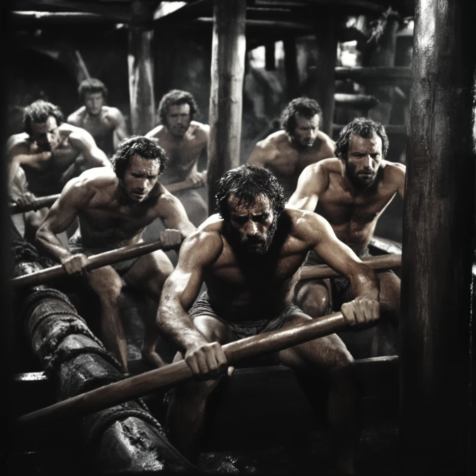 RAM BEST Exhausted men in rags are chained to oars, rowing for their lives in a Roman ship.
