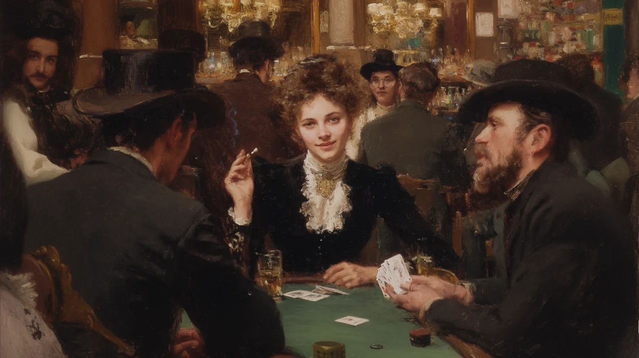 In a wild west saloon, a young woman plays poker with two men and she has the winning hand.