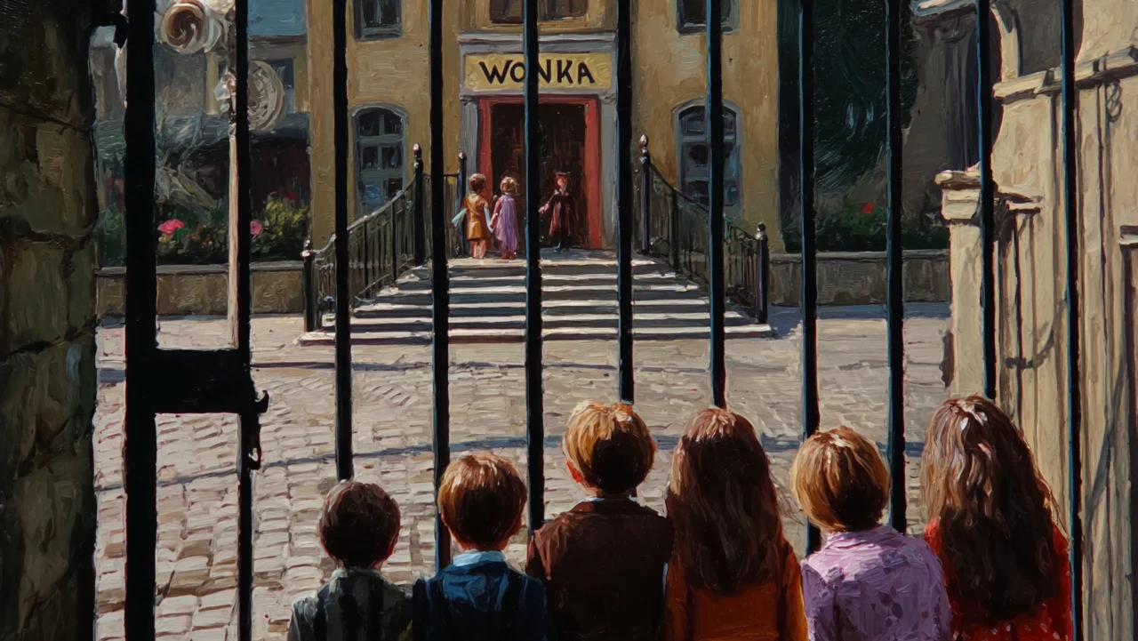 Several children stand outside the iron gates of Wonka's chocolate factory, gazing within with hope.
