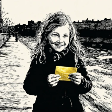 A young girl is holding a golden ticket and smiling.